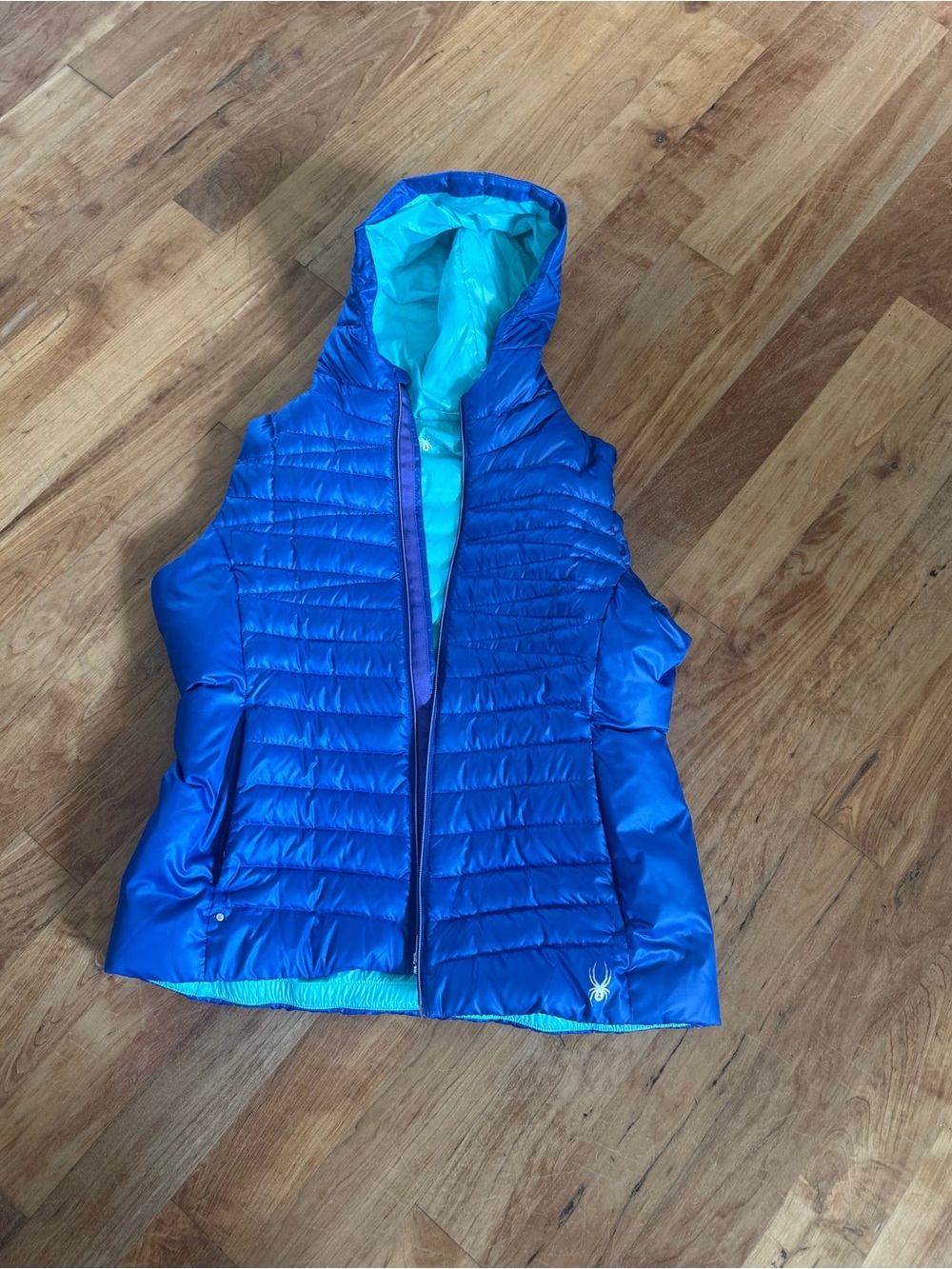 Spyder Blue Quilted Hooded Vest with Aqua Lining